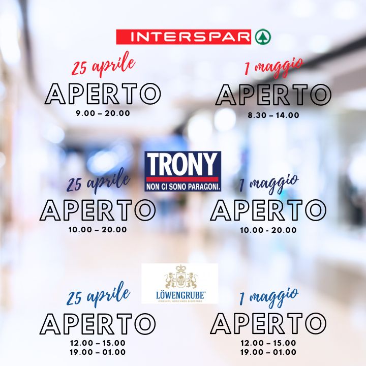 Il Parco Interspar Bologna è aperto giovedì 25 aprile e mercoledì primo maggio 2024.